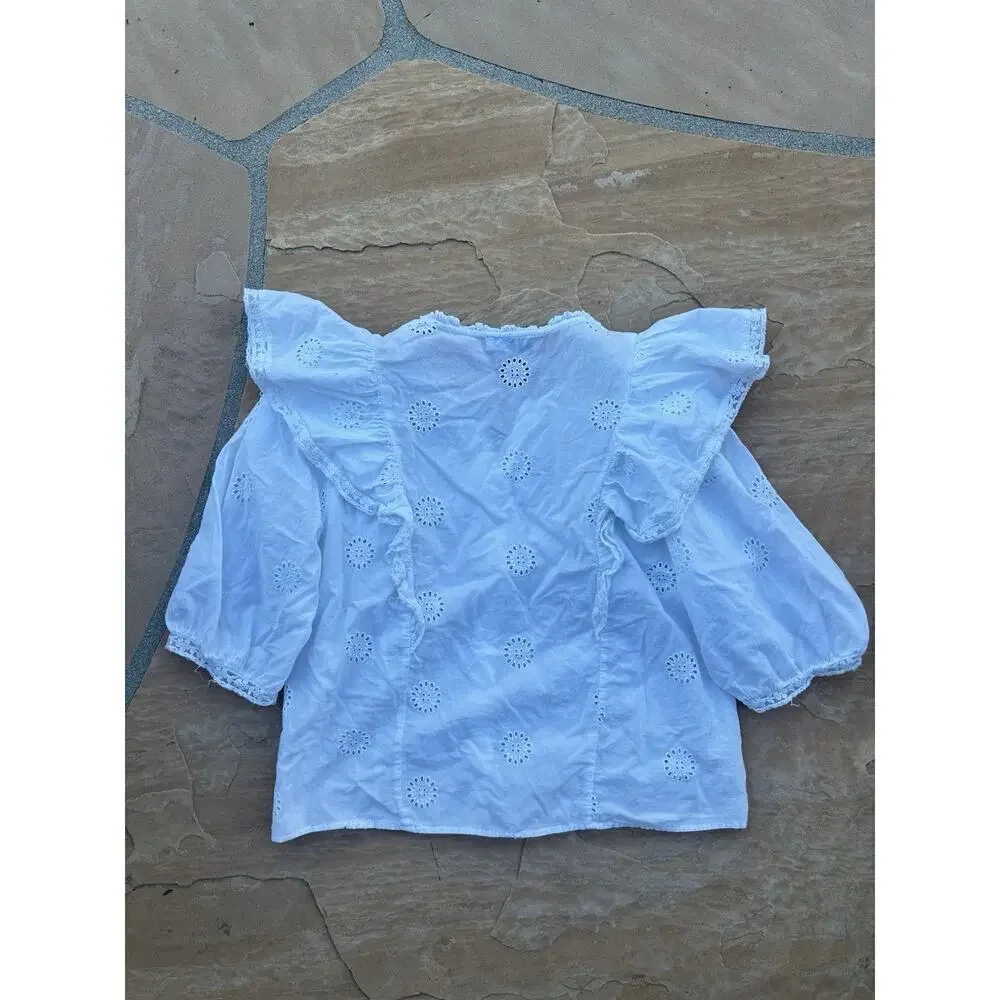Zara Trf Collection White Puff Sleeve Blouse Button Ruffle Design Sz Small